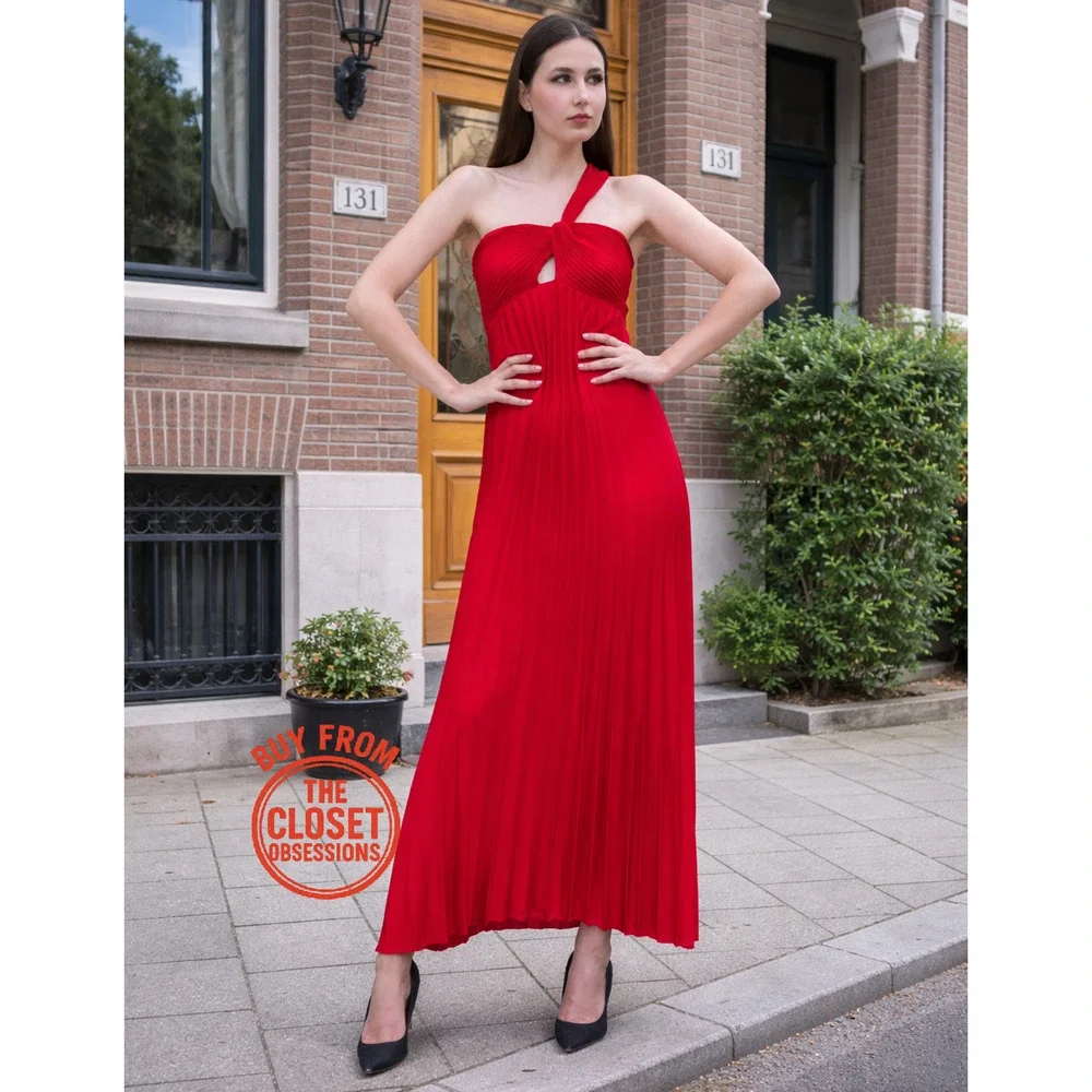 MANGO Red Pleated Front Knot Maxi Dress NWT Wedding Guest Formal